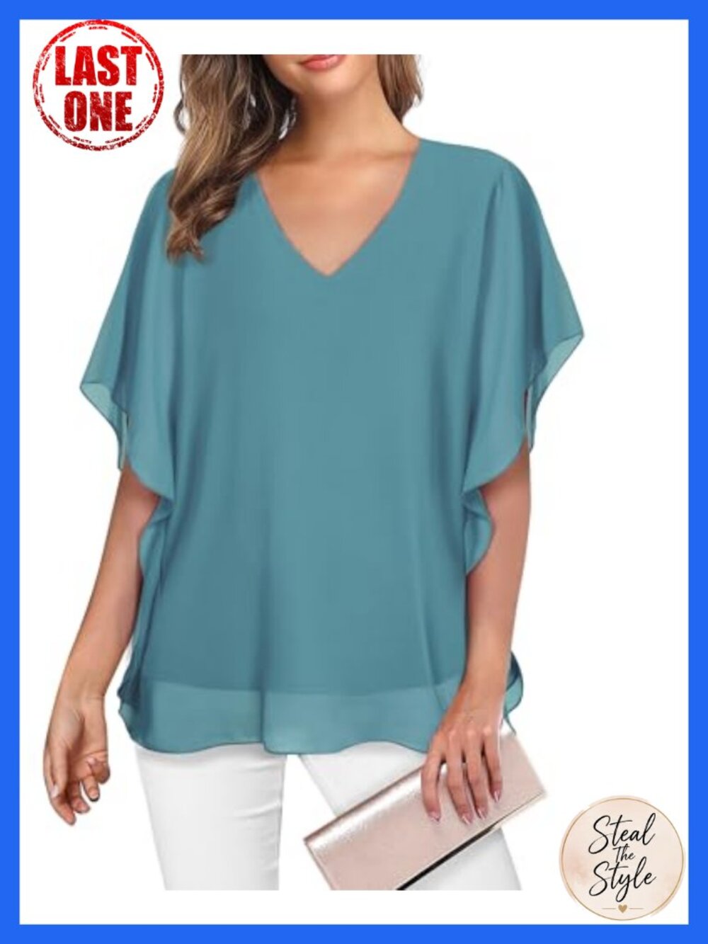 Women's Loose Flouncing Flutter Sleeve Double-Layered Chiffon Blouse Dressy Top